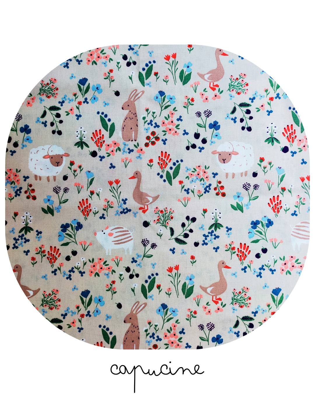 Motif : Imprimé Berries et Céline Domotex. champêtre avec animaux de la ferme
Composition : 100 % coton
Certification : Oeko-Tex Standard 100 (garanti sans substances nocives)
Entretien : Lavage en machine à 30 °C