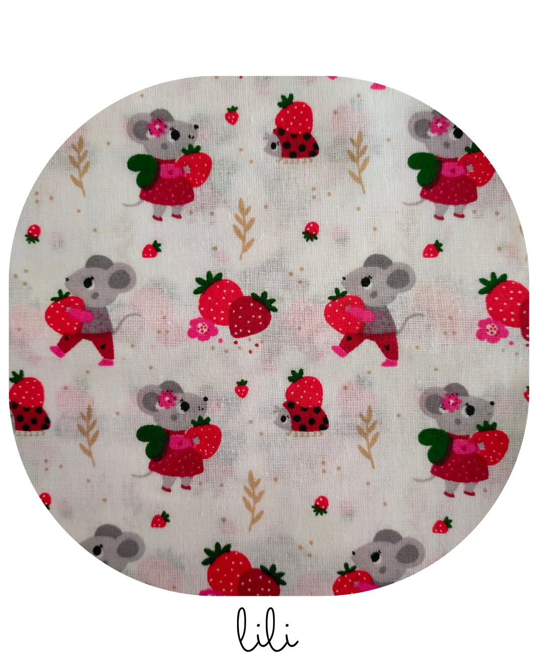 Motif : Imprimé blanc champêtre souris, coccinelles et fraises 
Composition : 100 % coton
Certification : Oeko-Tex Standard 100 (garanti sans substances nocives)
Entretien : Lavage en machine à 30 °C