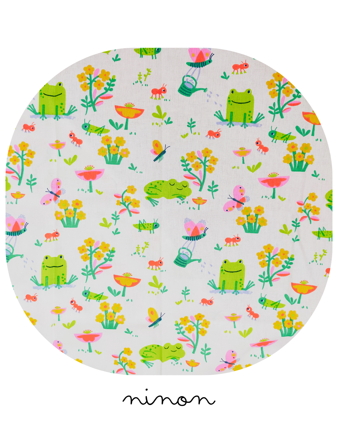 Motif : Imprimé champêtre blanc avec grenouilles et insectes 
Composition : 100 % coton
Certification : Oeko-Tex Standard 100 (garanti sans substances nocives)
Entretien : Lavage en machine à 30 °C